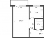 1-комн, 30кв м, этаж 2/4 улица Ленина, 25